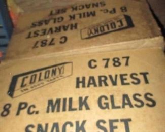 Never Used Vintage Harvest Milk Glass Lunch Sets 
