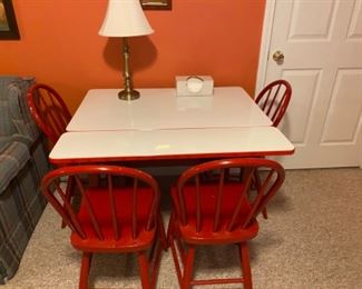 Porcelain Table. Also 4 Red Chairs