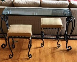 Lot 021
Wrought Iron Console Table and Stool Ensemble