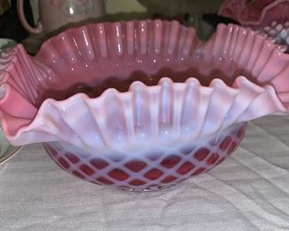 Victorian Cranberry Opalescent Diamond Quilt Ruffle Bowl 
