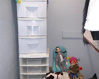 Storage Bins, Pee Wee Herman Talking Doll and Puppet Chair, Pound Puppy 