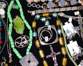 Amber Necklace Set, Foil Venetian Glass Set, Lime Green Sterling Signed Necklace 