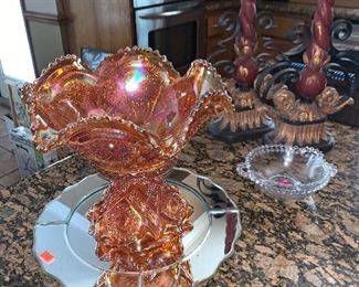 Orange Marigold carnival Glass Punch Bowl Set