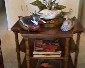 Faux bamboo side table & duck lamps & decoys