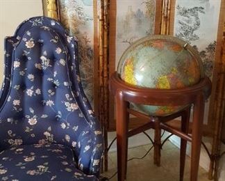 Bamboo four panel screen, side chair, & large globe on stand 