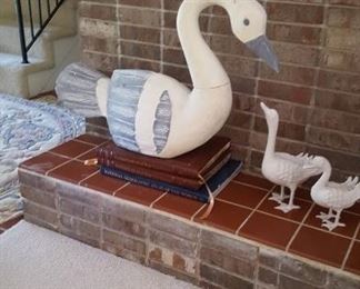 Large wooden swan & cast iron ducks