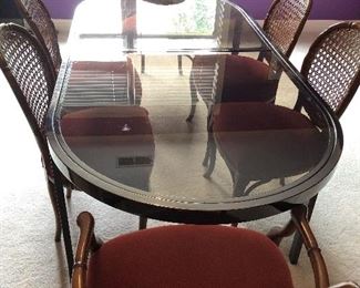 Vintage Milo Baughman attr., chrome and smoked glass dining table with one leaf