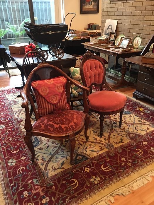 Antique corner & Vanity chair. Numerous area rugs, antique doll carriage.
