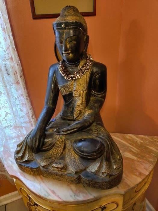 antique monumental carved wood 2.5' tall quan-yin statue