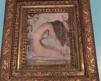antique framed nude lithograph cracked glass