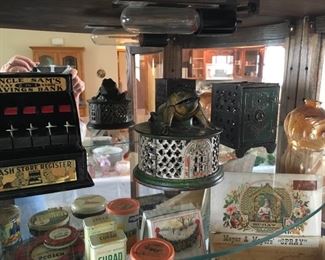 Vintage cast iron banks, etc