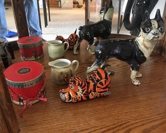 Vintage cast iron Boston Terrier doorstop, Louis Marx wind-up tiger, etc