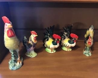 Ceramic hens and roosters. Made in Japan. 