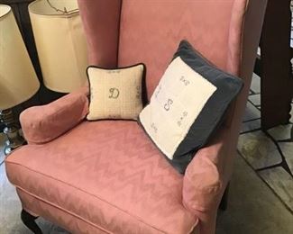 Vintage rose flame stitch upholstered wingback chair. 