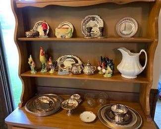 Early American hutch. Collection of vintage silverplate and ceramic.  