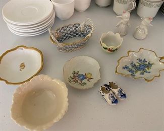 Porcelain trinket dishes. Blue lattice basket is Andrea by Sadek. 