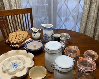East Texas Pottery chip and dip, Original Apple Baker, milk glass canning/storage jars, clear canning/storage jars