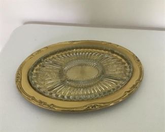 Cut glass vegetable tray with gold tone charger. 