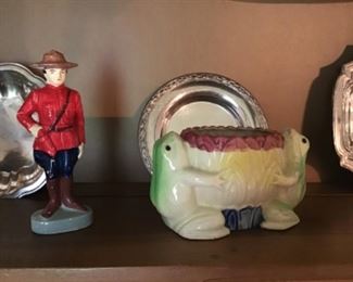 Canadian Mountie figurine. Frog ceramic planter made in Japan 