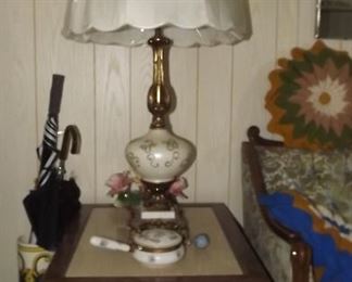 marble end tables (2) with brass & marble lamps (2) & Capodimonte  flowers