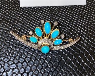 ANTIQUE DIAMOND & TURQUOISE CRESCENT BROOCH