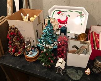 Many Christmas items including vintage ceramic Christmas tree.