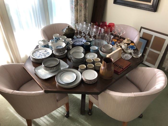 Drexel table with four club-style chairs.  Fun, quality selection of dinnerware, pottery and glassware.