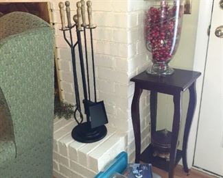 Fireplace tool set, end table, glass jar