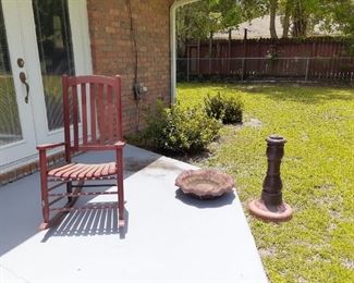 Red Rocking Chair, Bird Bath