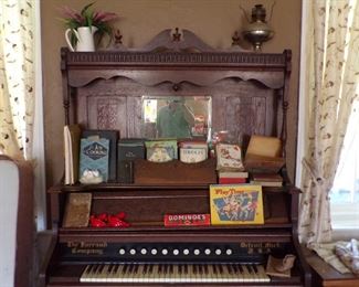 Oak pump organ, vintage books