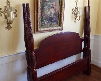 Mahogany queen size canopy bed, all finials there and good mattress if you want it