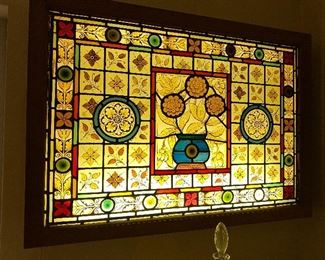 Sold, antique stained glass window panel in light box