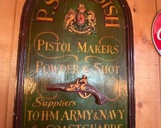 Vintage "antique" (restored) P. Standish Pistol Makers sign. Now $375.