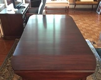 Henkel-Harris Mahogany table shown with all 4 leaves. Measures 87” extended.