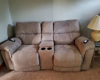 Stonewash Dove Con Love w power HDRST Love Seat, 2 cip holder and storage bin in center - Purchased from Kloss Furniture in Highland on 1/19/2020 NEW