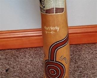 Didjeridu, Dideridoo - This is an Australian Aboiginal wind instrument in the form of a long wooden tube, made traditionally from Eucalyptus.  It produces a deep mesmerising drone with sweeping rythms