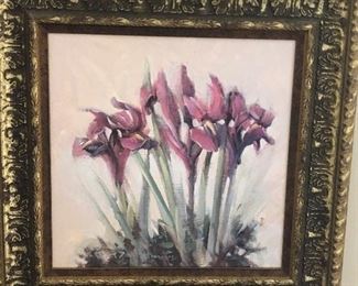 iris print on board in gold frame