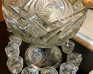 Beautiful cut and pressed glass punch bowl, stand and 11 cups by LE Smith
