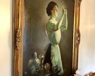Unsigned Original oil On canvas of lady checking glass for streaks Framed in a wood gold frame.