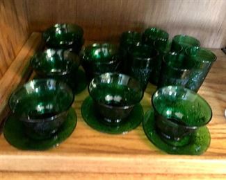 green sandwich glass, custard cups, juice glass and underplates
