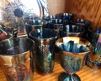 Indiana glass com Ameythist paneled grape glasses, goblet and master fruit bowl