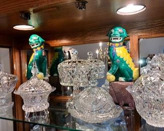 vintage crystal and Chinese foo dogs