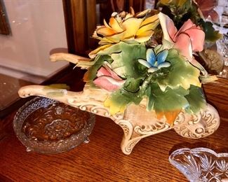 Capodimonte flower wheel barrow, part of a very large collection.