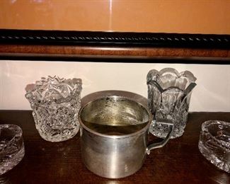silver plated baby cup, cut class tooth pick holders