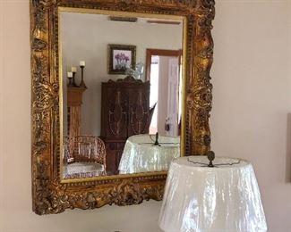 Gold framed plate glass mirror, antique mantel clock, very nice oriental lamp