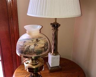 Brass Aladdin with hand painted shades, marble lamps