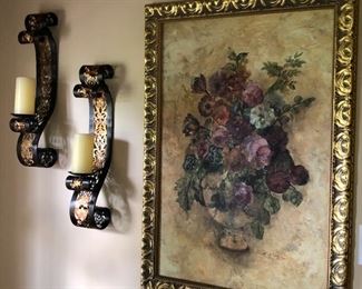 floral art on board in gold frame, pair of black sconces