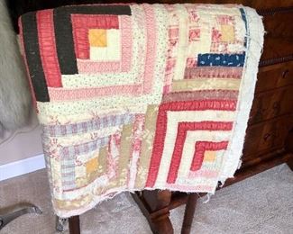 ANTIQUE LOG CABIN OR STRIP QUILT.