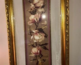 magnolia print in nice wood frame with gold gilding applied