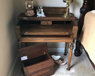open antique mahogany spinet desk, Sewing machine cover reprosed in to a box.